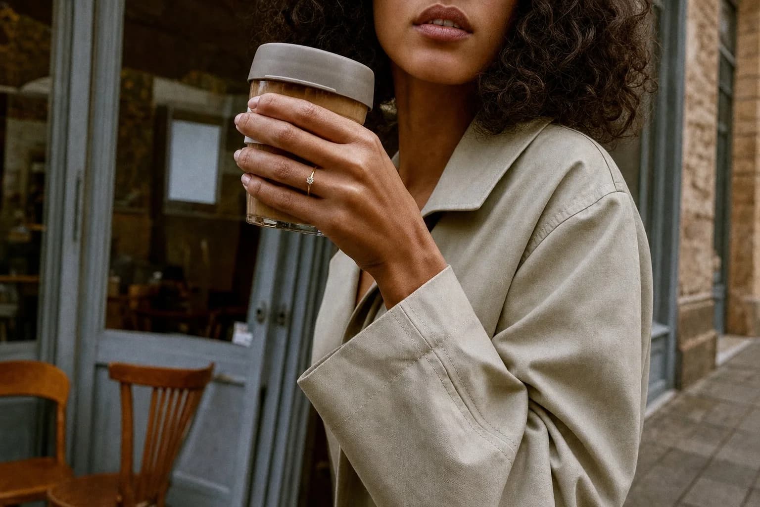 Outside a cafe in a stone trench coat, a hand around a coffee cup wearing the Lumiere Solitaire Ring