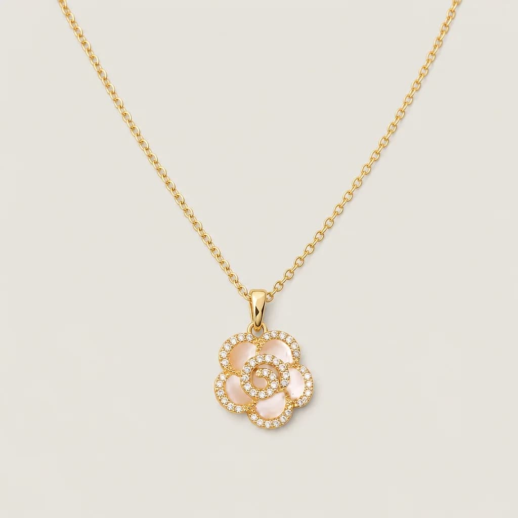 White Camellia Pendant Necklace, studio shot