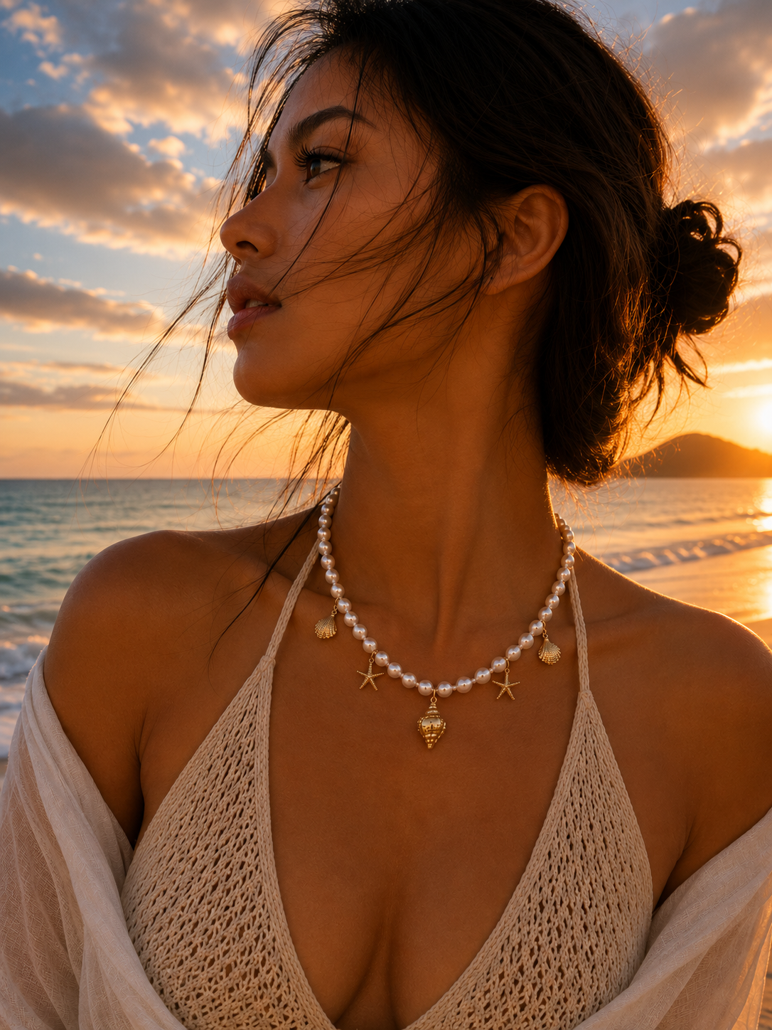 Woman on a beach at sunset wearing a necklace with starfish pendants.