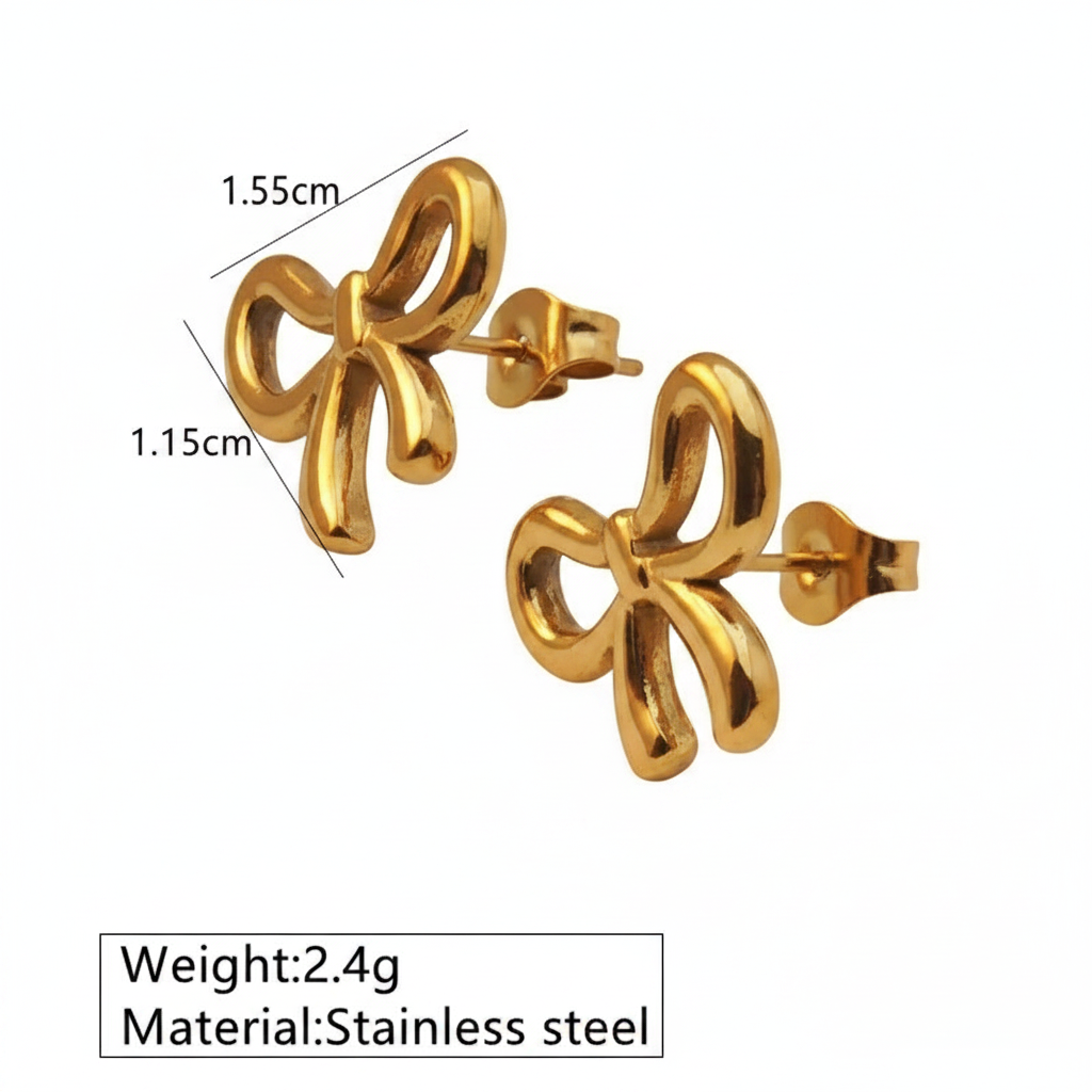Gold bow,shaped earrings with measurements and material information on a beige background