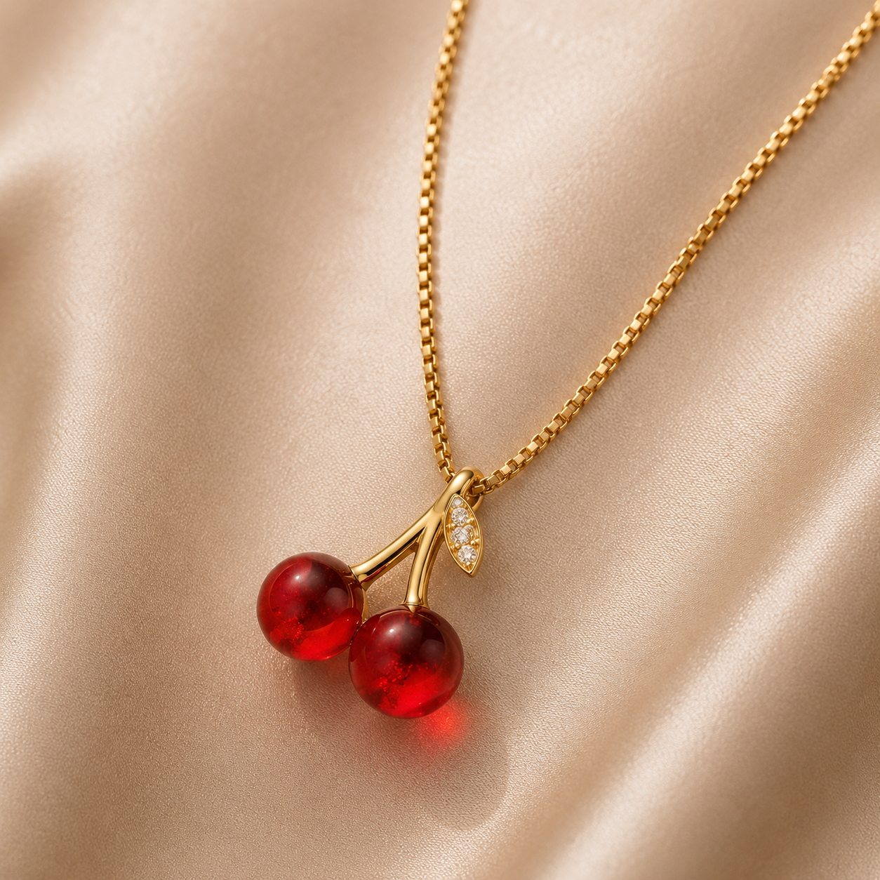 Gold necklace with red cherry pendants on a beige fabric background
