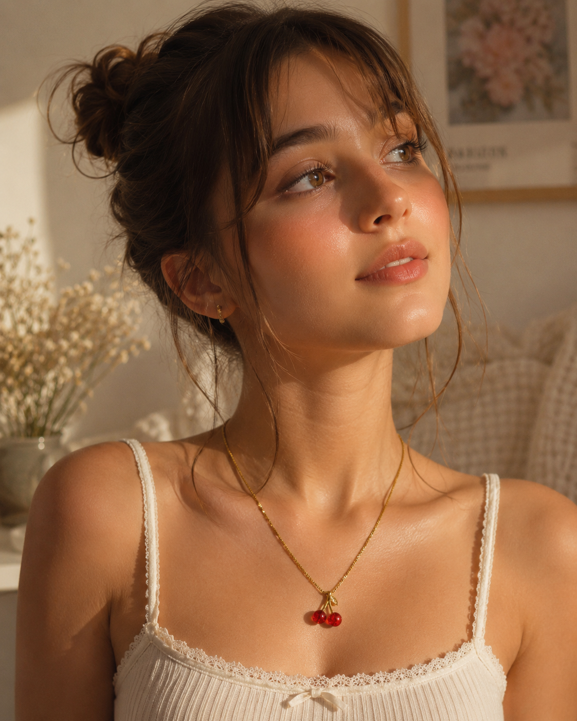 Woman wearing a necklace with cherry pendants with Box Chain Small Cherry pendant