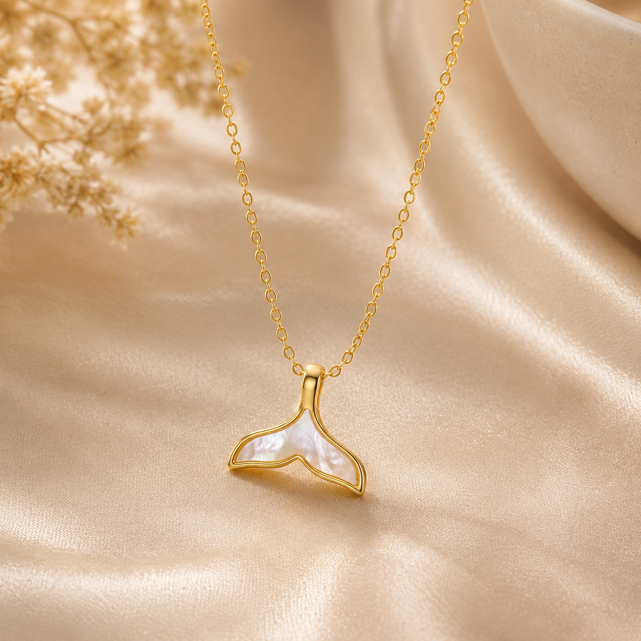 Gold necklace with a whale tail pendant on a beige fabric background