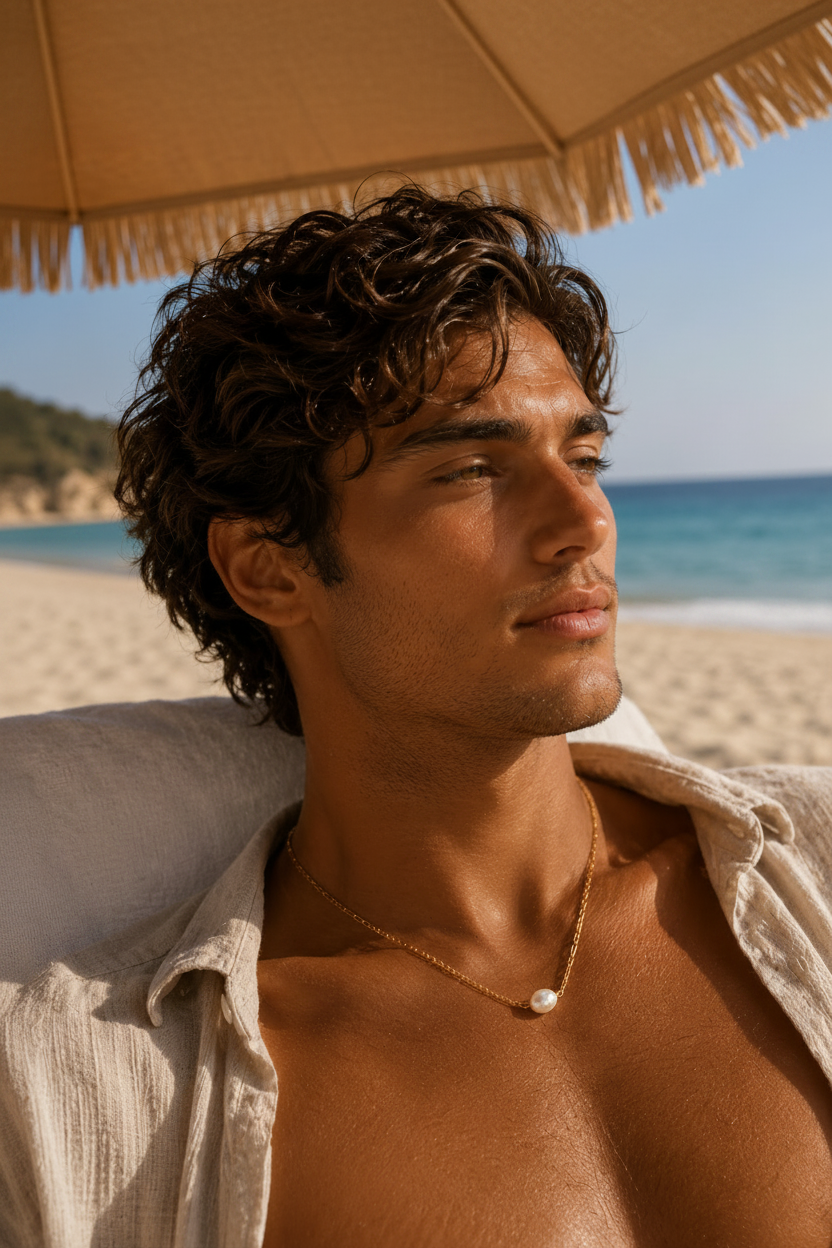 Man with a towel over his shoulder on a beach