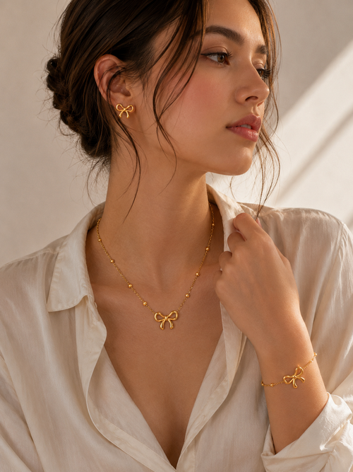 Bow Knot Jewelry Set — Necklace, Bracelet & Earrings | 18K Gold Plated
