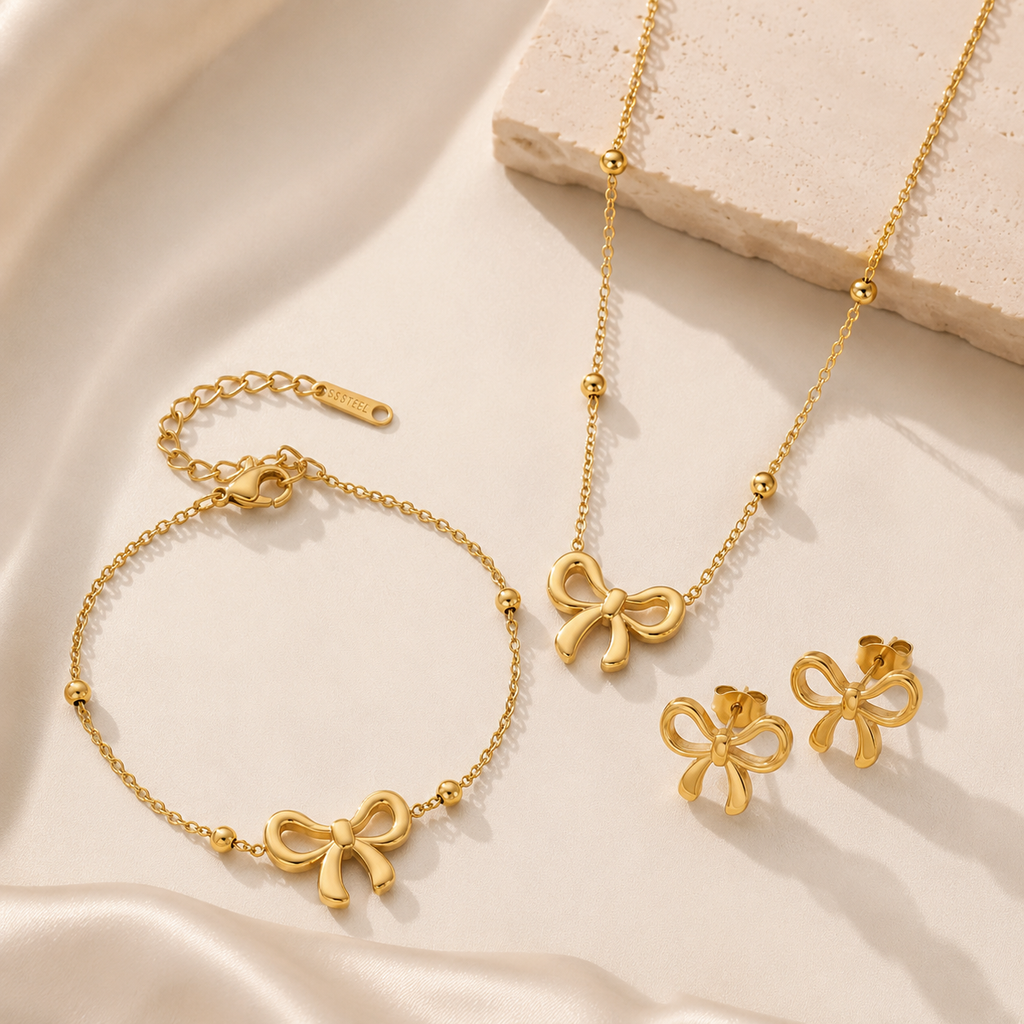 Bow Knot Jewelry Set — Necklace, Bracelet & Earrings | 18K Gold Plated