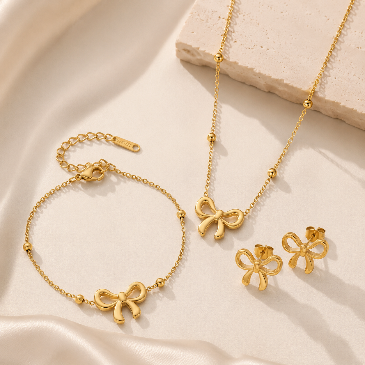 Bow Knot Jewelry Set — Necklace, Bracelet & Earrings | 18K Gold Plated