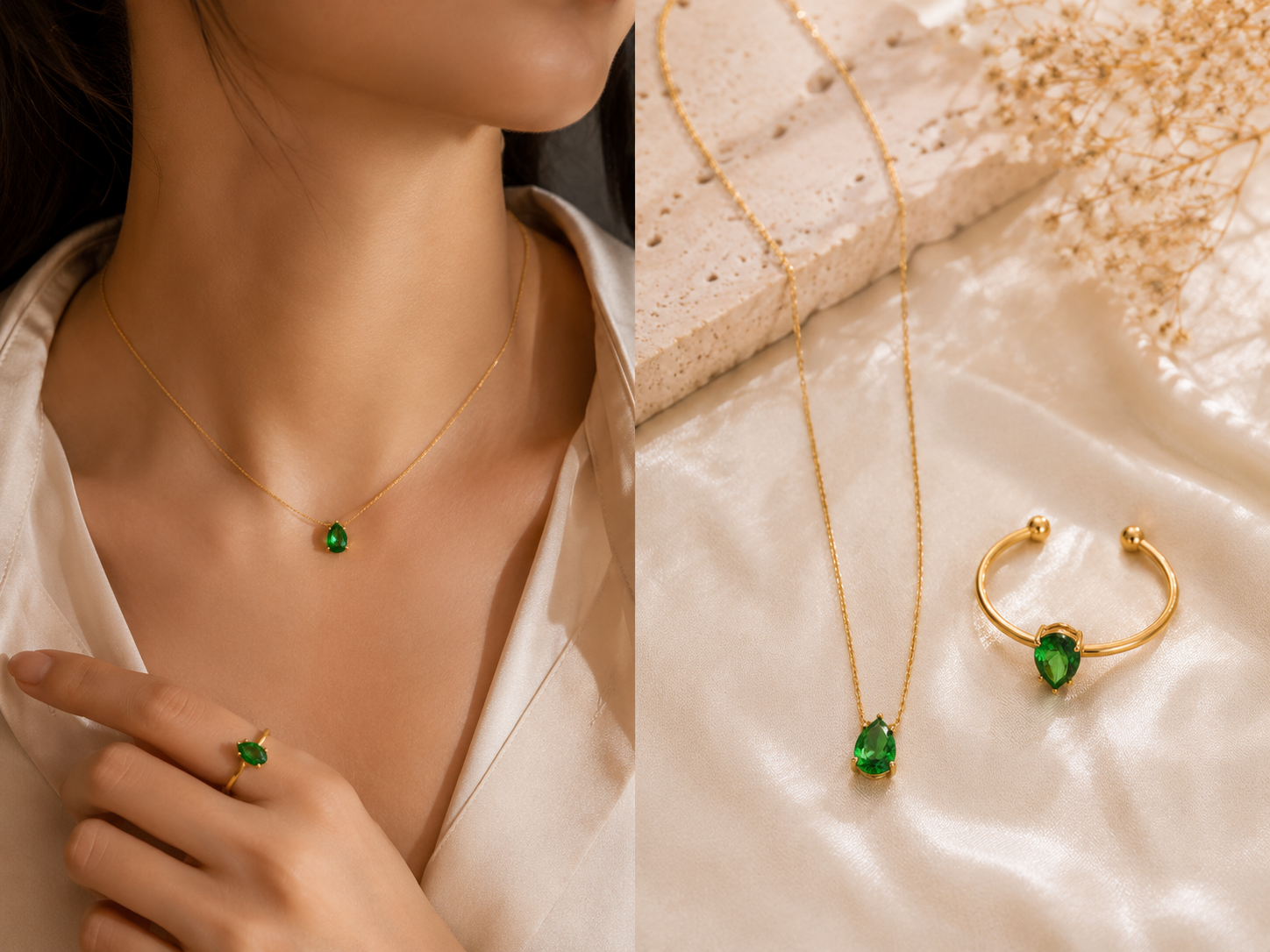 Emerald Whisper Jewelry Set – Necklace & Ring | 18K Gold Plated