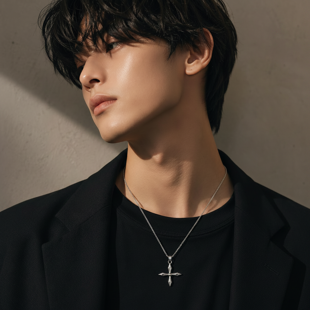 Man wearing a black jacket and black shirt with a cross pendant necklace for everyday wear