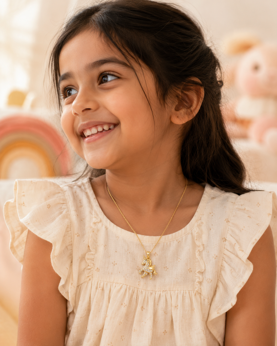 Young girl wearing a unicorn gold necklace with a pendant, smiling.