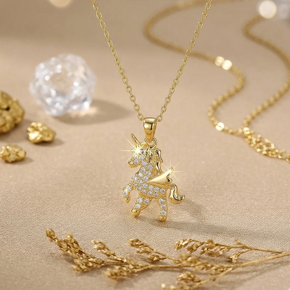 Gold unicorn necklace on a beige surface with gold leaves and crystals.