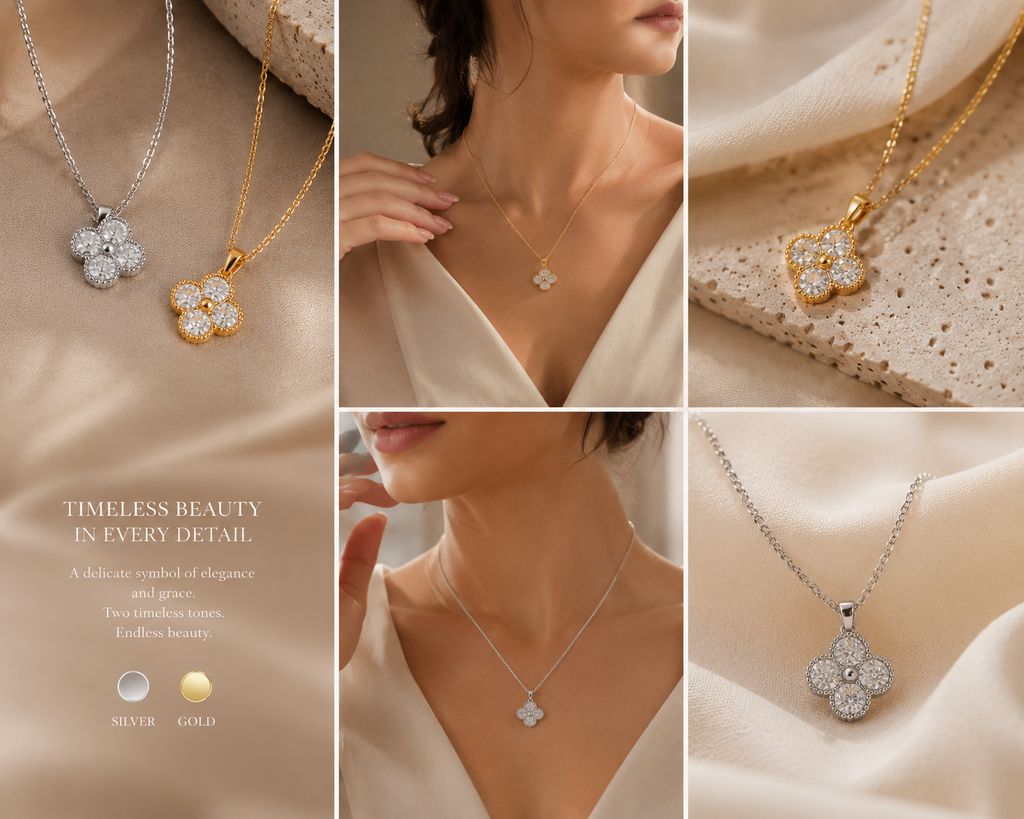 Collage of floral necklaces in silver and gold on a neutral background statement pieces in Gold and Silver