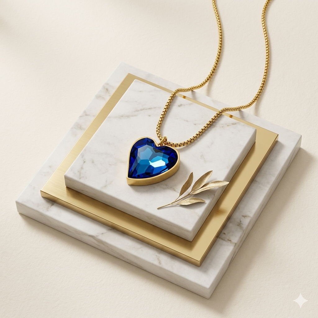 Gold necklace with a blue heart pendant on a marble stand