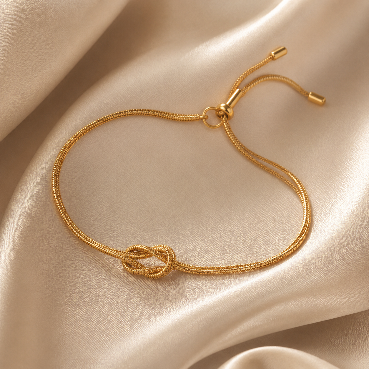 Gold bracelet with a knot design on a beige fabric background