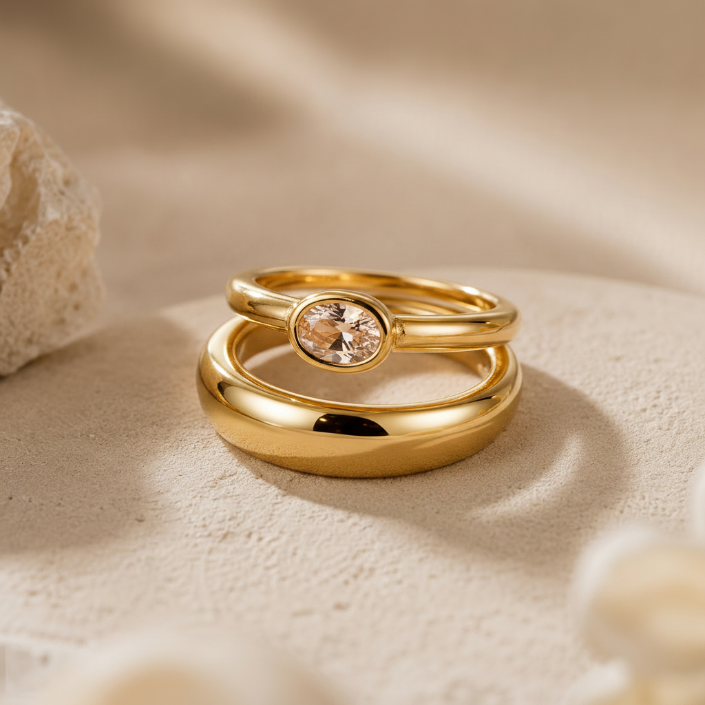 Gold ring with a gemstone on a sandy background