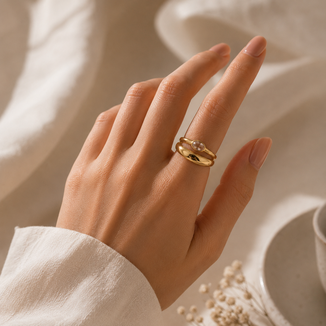 Hand wearing a gold ring with a pearl on a soft beige background