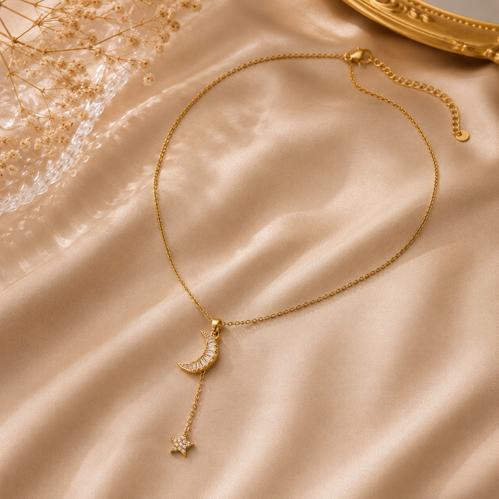 Gold necklace with a crescent moon and star pendant waterproof everyday wear