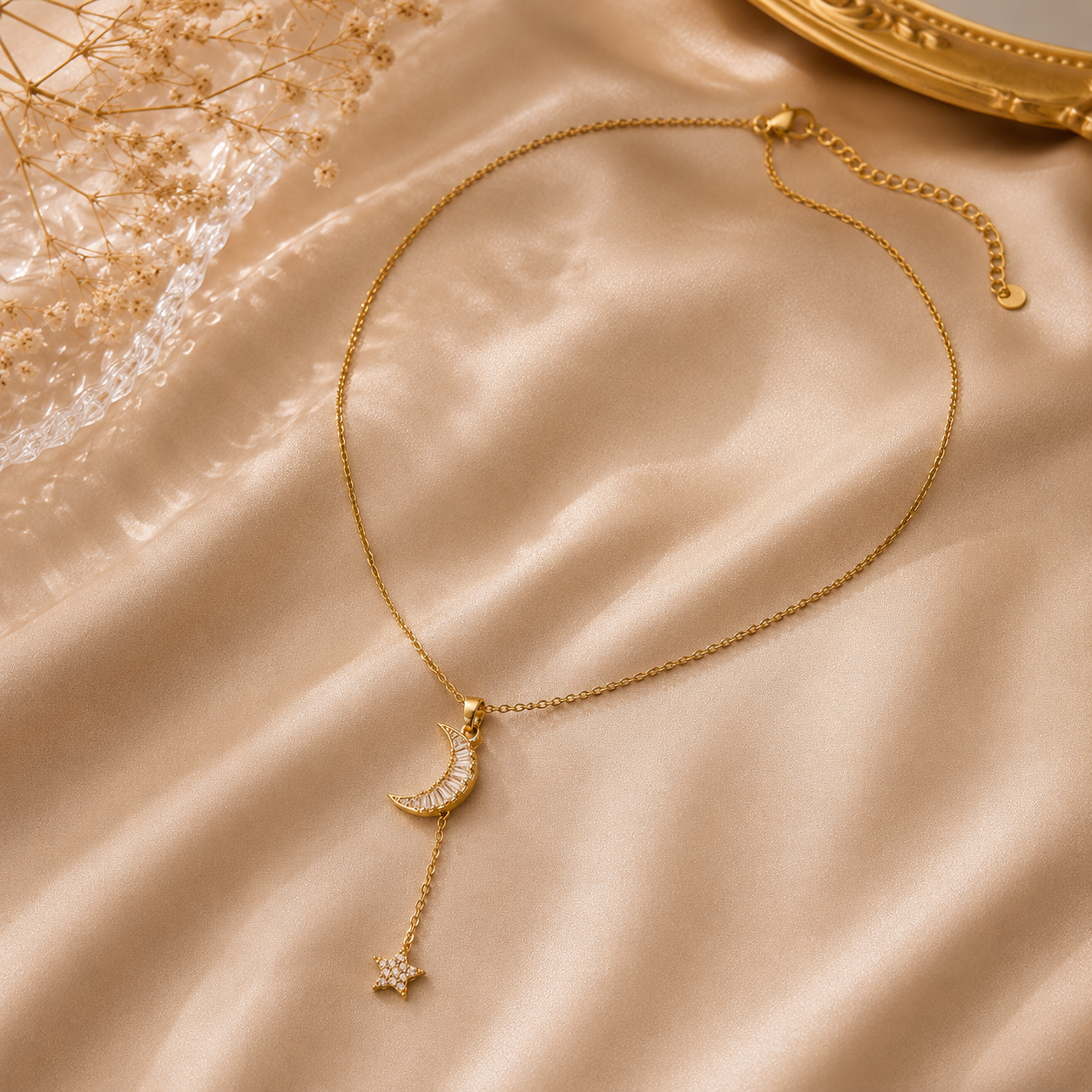 Gold necklace with a crescent moon and star pendant waterproof everyday wear