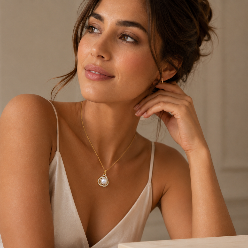 Woman wearing a gold necklace with a pendant birthday gift anniversary 