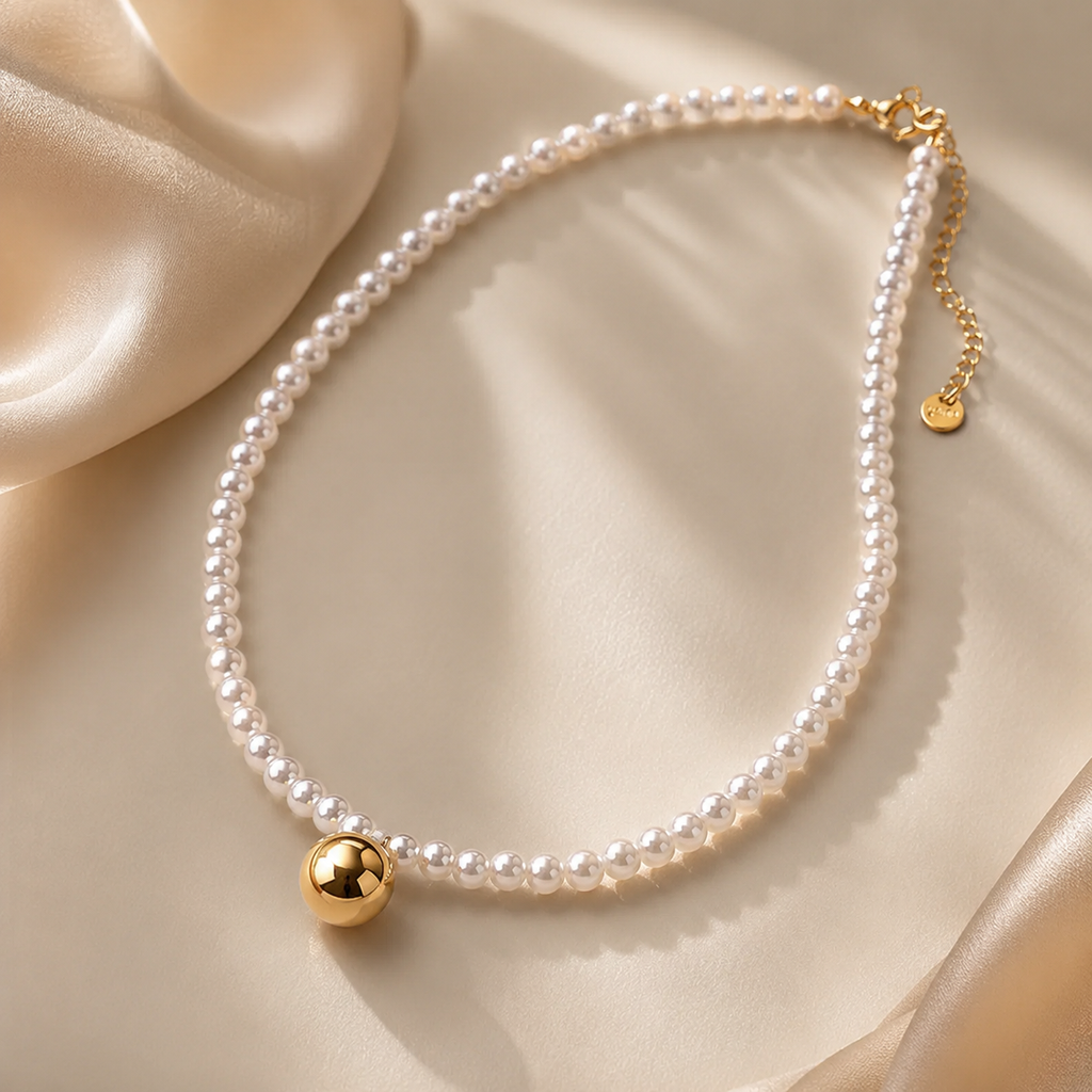 Pearl necklace with gold accents on a soft beige background. waterproof tarnish free