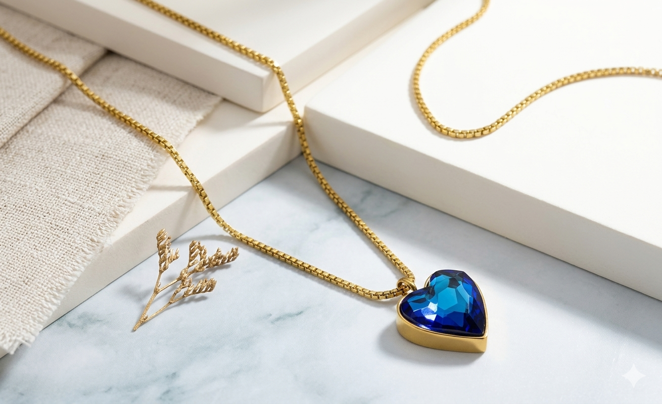 Gold necklace with a blue heart,shaped pendant on a marble surface
