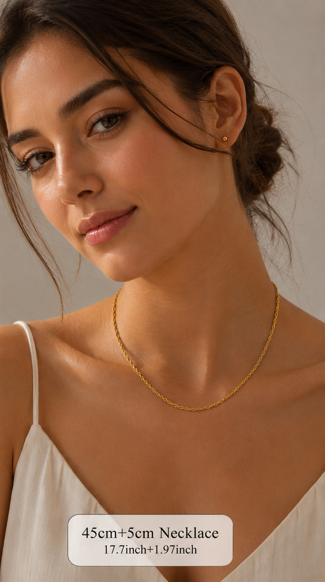 Woman wearing a gold necklace waterproof everyday tarnish free chain unisex