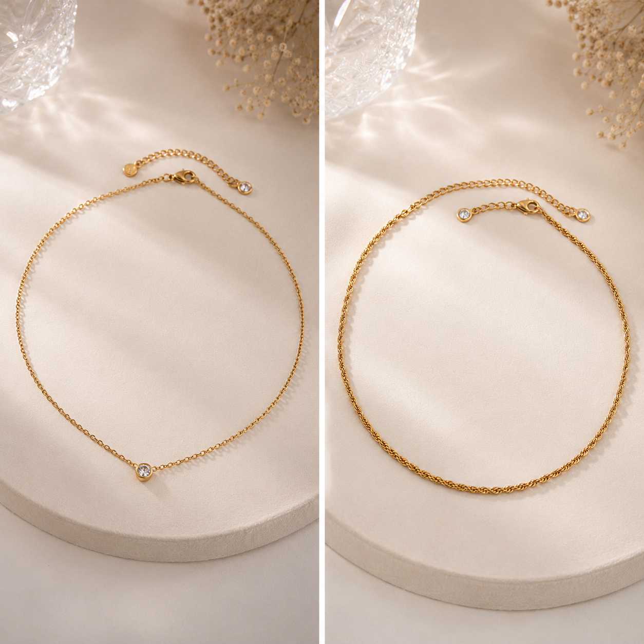 Two gold necklaces on a light background unisex