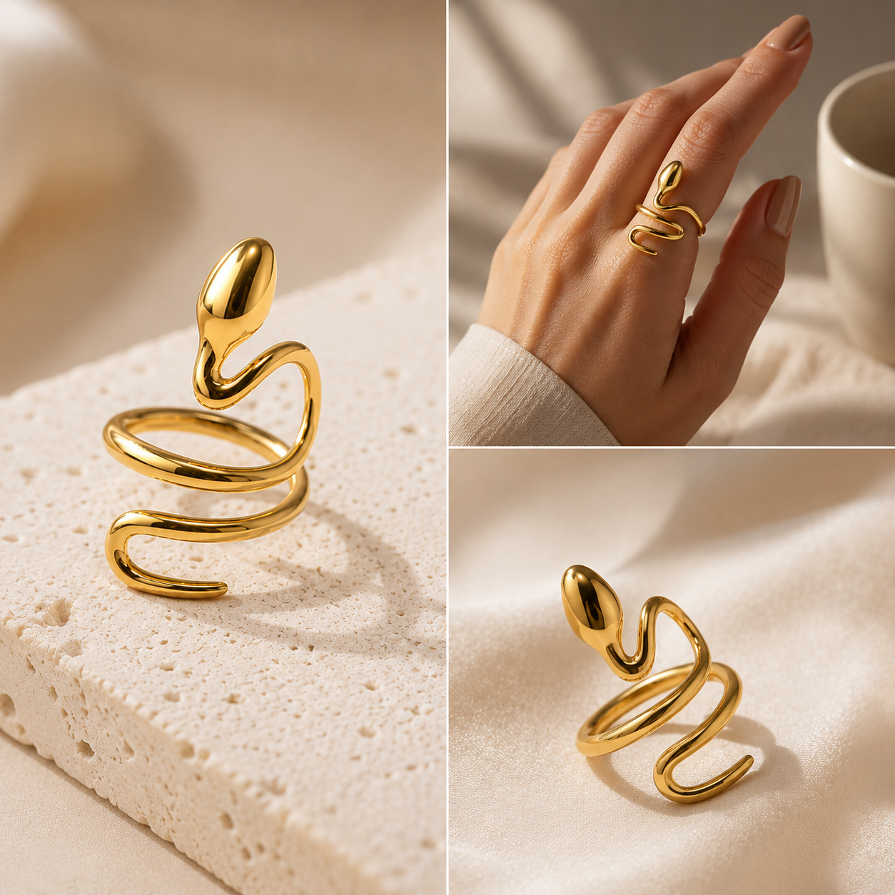 Gold snake,shaped ring on a textured surface with a hand wearing the ring. Serpent Flow Ring