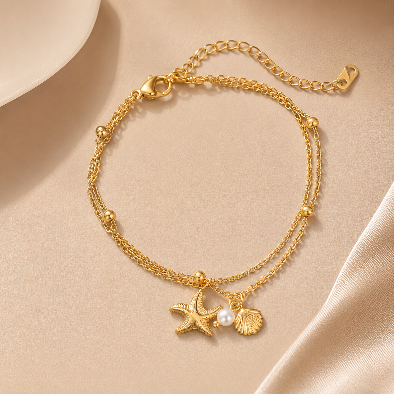 Gold bracelet with starfish and shell charms on a beige background