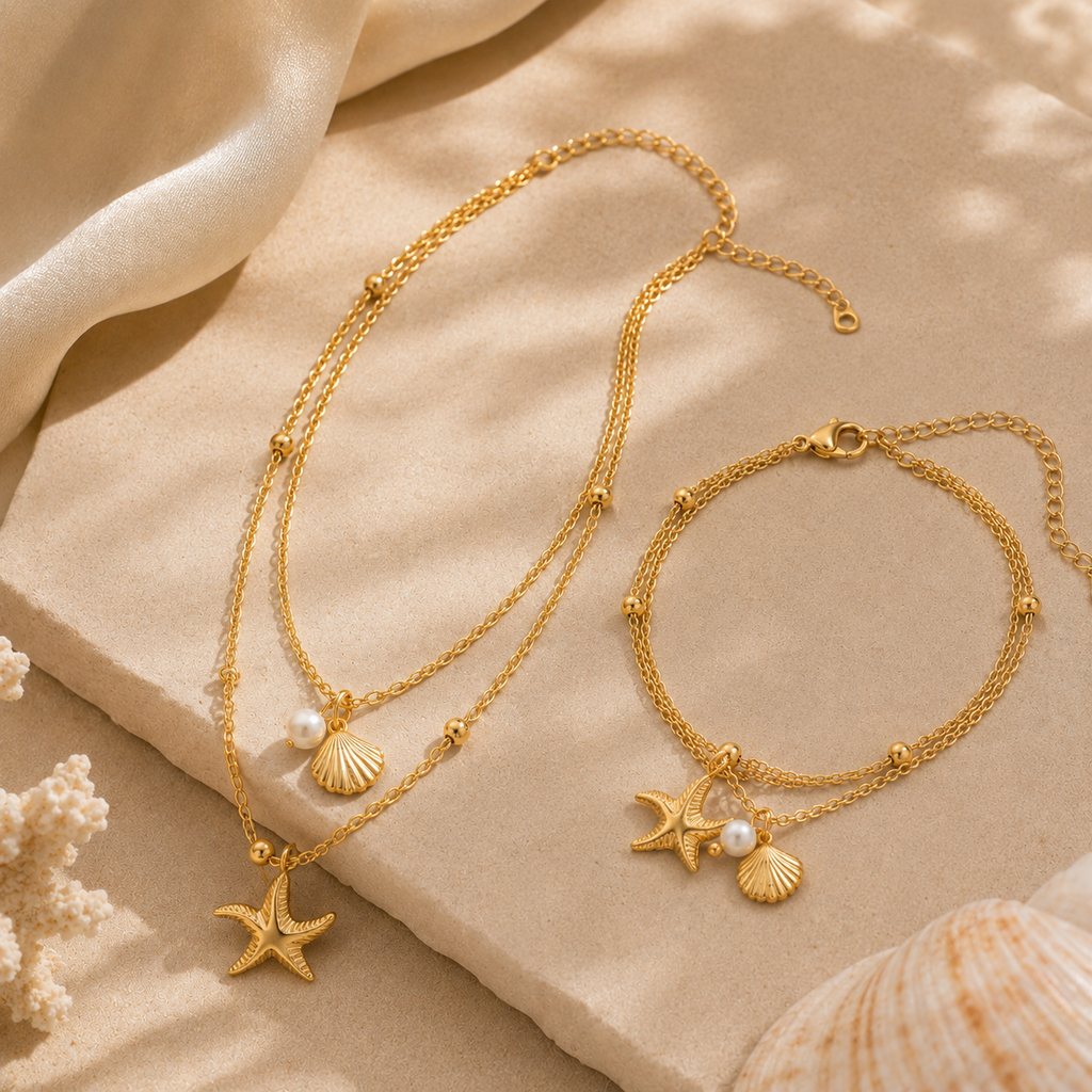 Gold necklace and bracelet set with starfish and shell charms ocean jewelry set