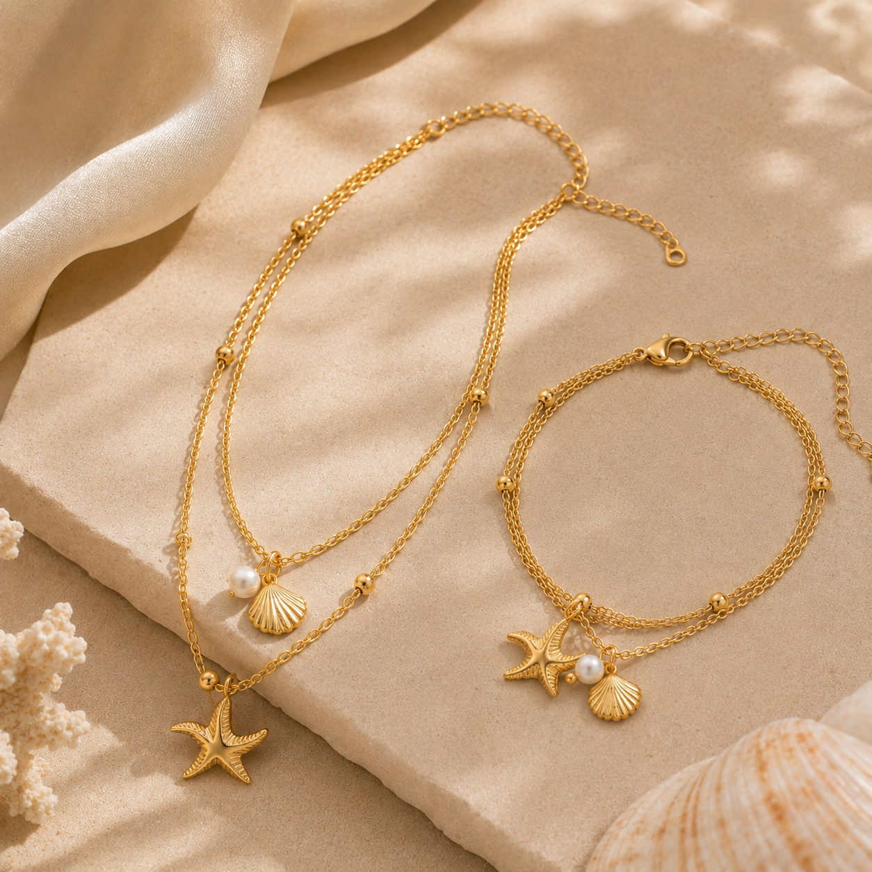 Gold necklace and bracelet set with starfish and shell charms ocean jewelry set