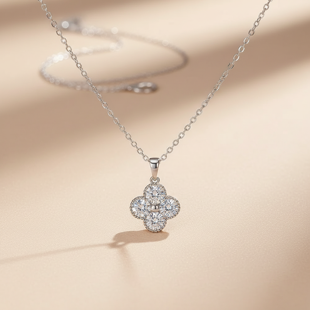 Silver necklace with a clover,shaped pendant waterproof statement everyday jewelry