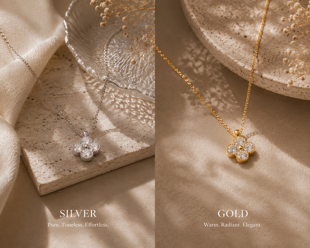 Two necklaces, one silver and one gold, on a textured surface with 'SILVER' and 'GOLD' labels.