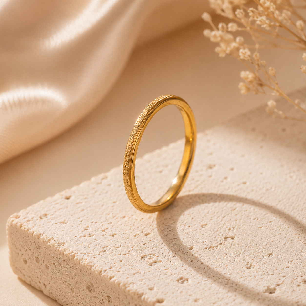 Gold ring on a textured beige surface stardust milky way look