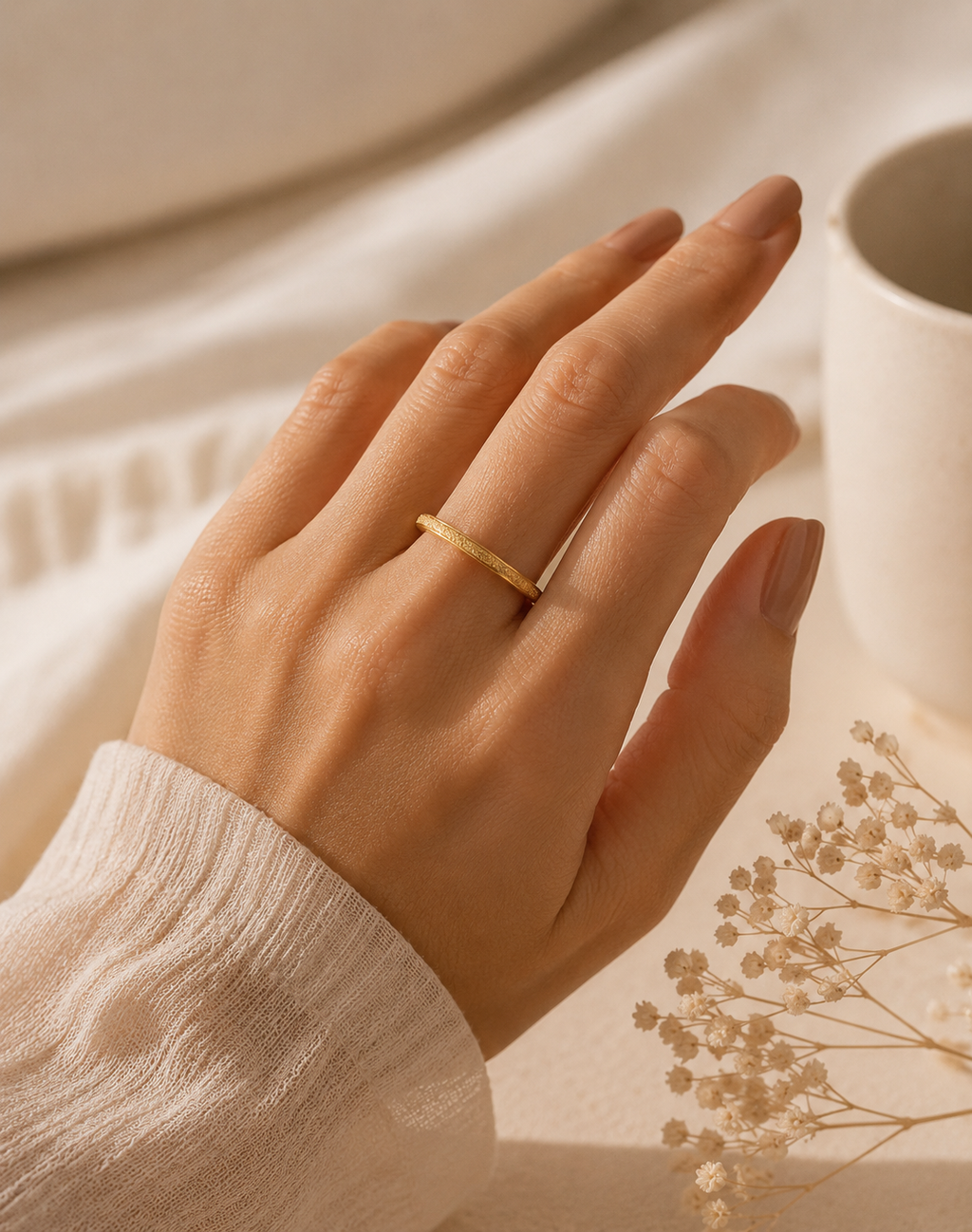 Hand wearing a gold ring milky way