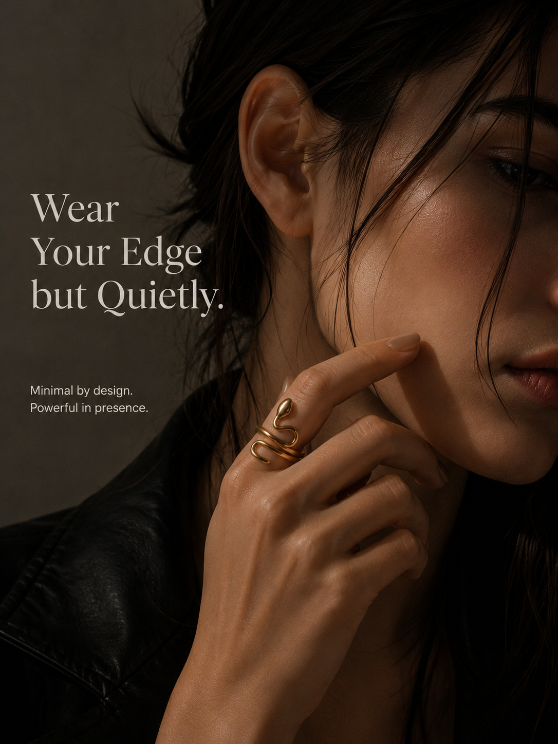 beautiful gold ring with text 'Wear Your Edge but Quietly.' snake shape ring