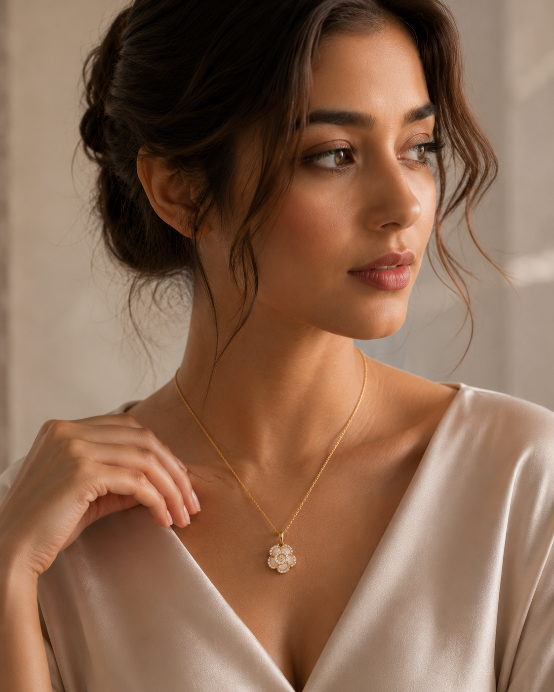 Woman wearing a delicate necklace with a subtle background